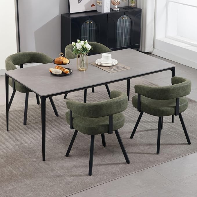 LukeAlon PU Leather Dining Chairs Set of 6, Upholstered Armchairs Side Chair with Padded Barrel Back Armrests Modern Guest Chair with Black Metal Legs for Kitchen Dining Room, Vintage Green