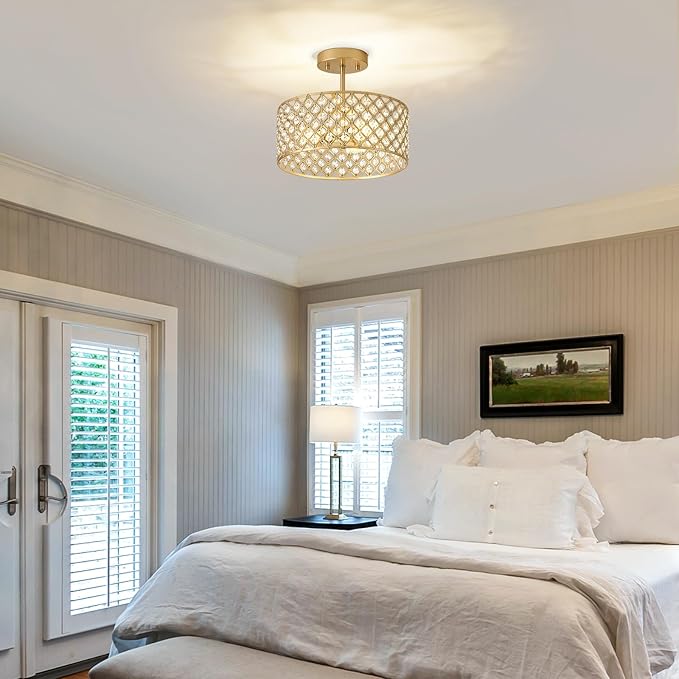 Gold Crystal Ceiling Light Fixture,Modern Semi Flush Mount Ceiling Lighting Fixture,Round Small Chandelier for Dining Room, Hallway, Entryway, Kitchen, Bedroom,Foyer,3 Light,12 inch