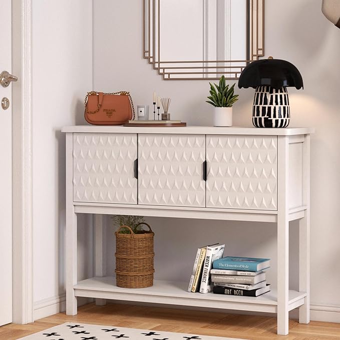 Modern Console Table with 3 Diamond Pattern Doors, Wood Entryway Table with Storage, Behind The Couch Sofa Table for Hallway, Living Room, Foyer, Dining Room, White