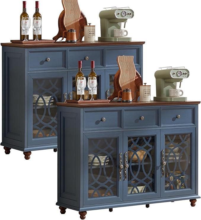 Farmhouse Sideboard Buffet Cabinet Set of 2 with Storage,48" Large Credenza with 3 Glass Doors & 3 Drawers,Adjustable Shelves Console Table,Wood Kitchen Coffee Bar for Dining Room,Navy Blue