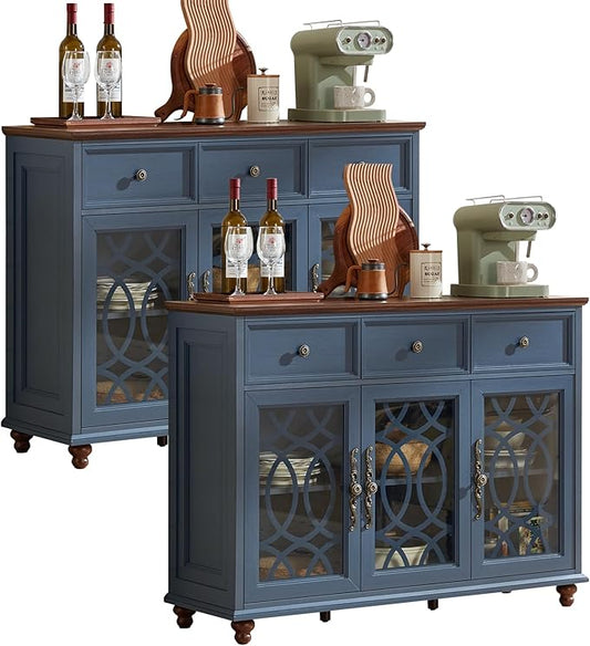 Farmhouse Sideboard Buffet Cabinet Set of 2 with Storage,48" Large Credenza with 3 Glass Doors & 3 Drawers,Adjustable Shelves Console Table,Wood Kitchen Coffee Bar for Dining Room,Navy Blue