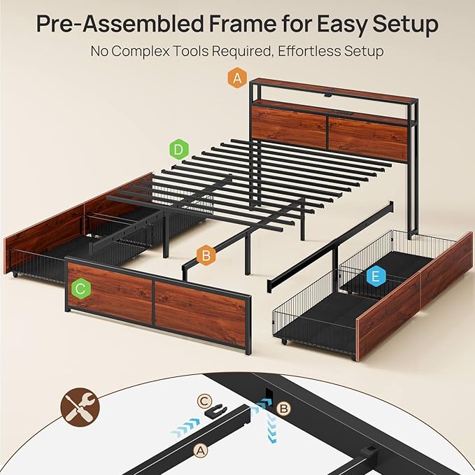 Rolanstar Full Size Bed Frame with 4 Storage Drawers, Charging Station and LED Lights, Metal Platform Bed with 2-Tier Storage Headboard, No Box Spring Needed, Easy Assembly, Noise-Free, Walnut