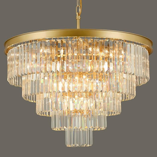 Crystal Chandeliers for Dining Room Lights Fixture Over Table, 20 Lights Gold Modern Chandeliers for Living Room, 5-Tier Round Crystal Lighting Fixtures for Bedroom Entryway Kitchen Island D30 Inch
