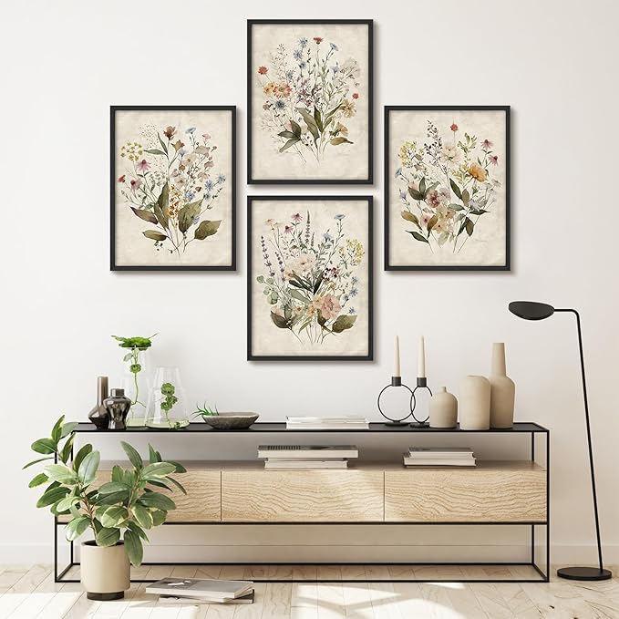SIGNWIN Framed Set Vintage Wildflower Bouquet Antique Botanical Illustrations Modern Art Decorative Scenic Multicolor Nature Wilderness for Bedroom - 11"x14"x4 Black