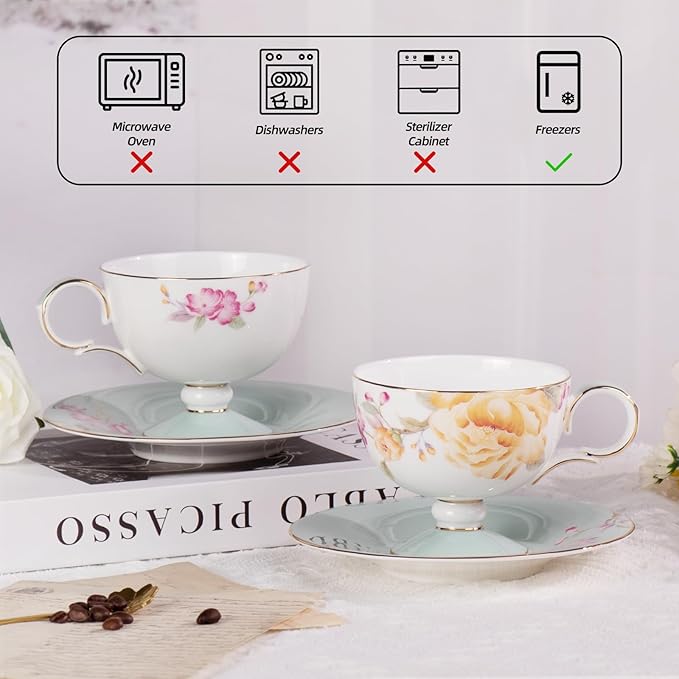 KAMMAK Ceramic Coffee Cups Saucers Set of 2, Porcelain Espresso Cups with Saucers, 7.44 oz Handcrafted Elegant Bone China Tea Cups, Yellow Peony Floral Pattern Teacup for Party, Office, Women Gift