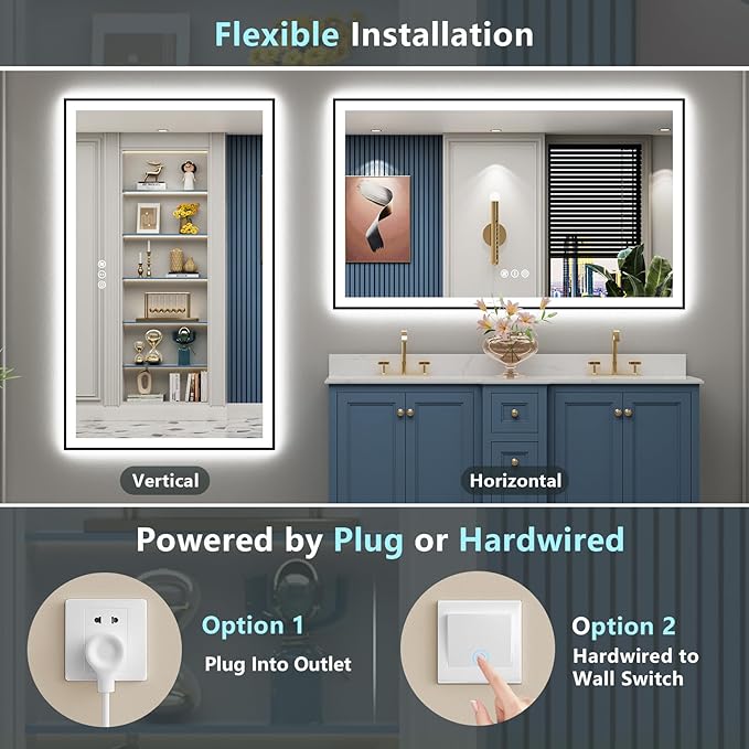 60x36 Black Framed LED Bathroom Mirror with Lights, Backlit and Front Lit Anti-Fog Lighted Vanity Mirror for Bathroom Wall, 3 Colors, Dimmable, Memory, Shatter-Proof, HD Tempered Glass