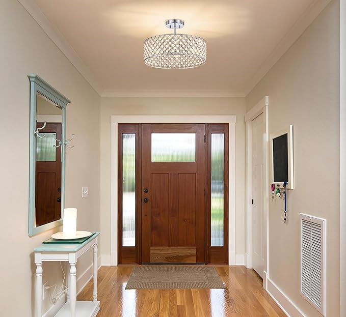 Chrome Crystal Ceiling Light Fixture,Modern Semi Flush Mount Ceiling Lighting Fixture,Round Small Chandelier for Dining Room, Hallway, Entryway, Kitchen, Bedroom,Foyer,4 Light,15.7 inch