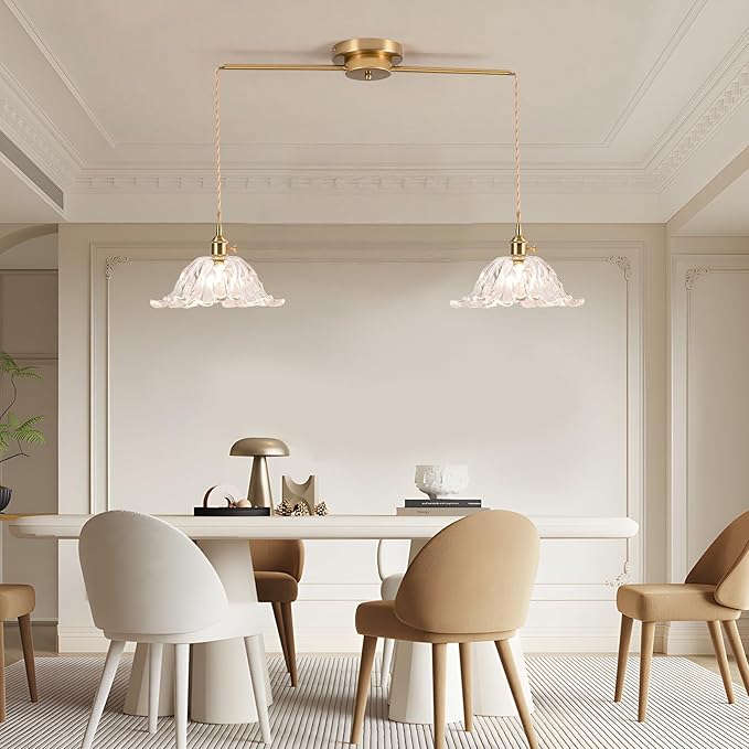 2-Lights Brass Vintage Pendant Light Fixtures, Modern Chandelier Pendant Light with Clear Flower Glass Lmapshade, Adjustable Hanging Lights for Kitchen Island Dining Room Hallway, E26 (Clear)