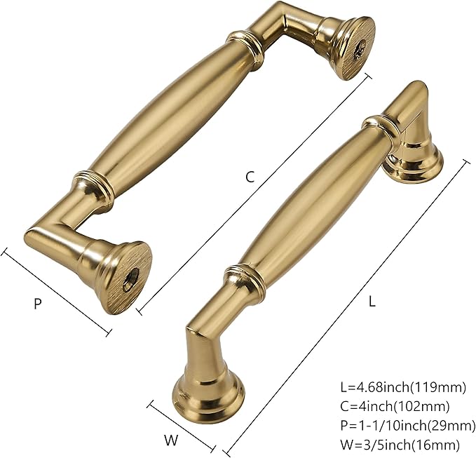 khtumeware 10 Pack 4 Inch(102mm) Brushed Brass Cabinet Pulls Heavy Duty Soild Warm Brass Cabinet Handles Kitchen Brushed Gold Cabinet Hardware for Cupboard Drawer Handles
