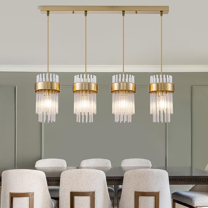 Dijiahua 4-Light Gold Pendant Lights Kitchen Island Over Table, Modern Crystal Brushed Brass Linear Chandeliers,Adjustable Cord Hanging Counter Lamp Fixture for Dinning Room,Sink