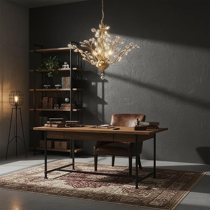 Maxax Vintage Gold Crystal Chandelier, 4-Light K9 Crystal Pendant Light, Adjustable Electroplated Ceiling Fixture for Dining Room, Living Room, Bedroom, and Foyer