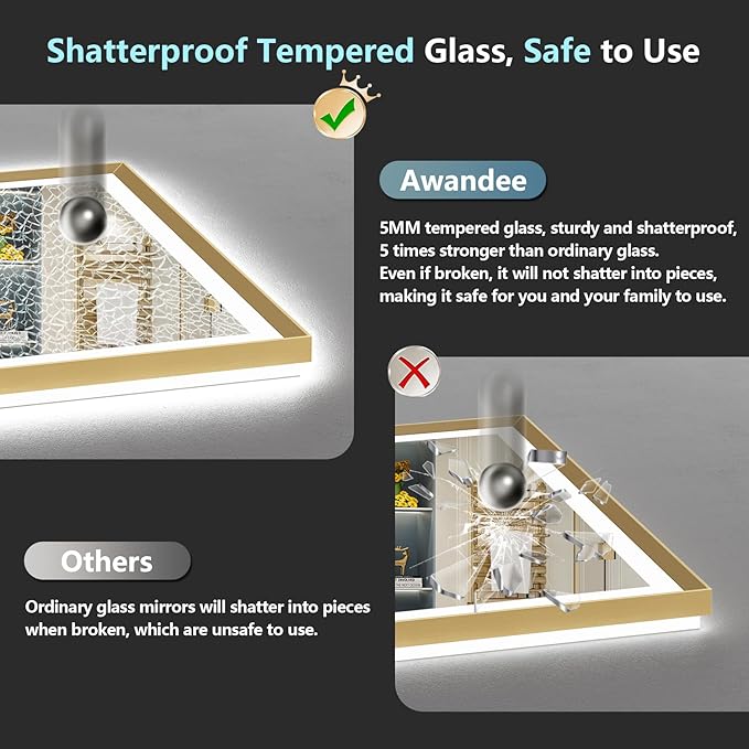 77x36 Gold Beveled Framed LED Bathroom Mirror with Lights, Backlit & Front Lit, Anti-Fog Metal Frame Lighted Vanity Mirror for Bathroom Wall, 3 Colors, Dimmable, Memory, HD Tempered Glass