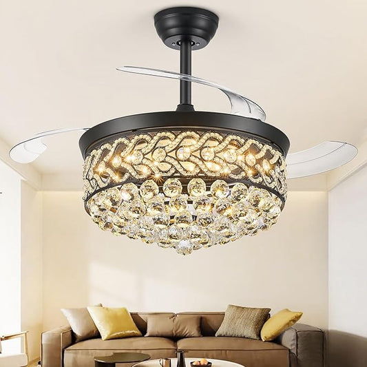 Crystal Fandelier Ceiling Fan with Light, 48" Retractable Ceiling Fans Chandelier Fan with Retractable Blades LED Dimmable Crystal Ceiling Fan Chandelier Fans for Bedroom Living Room etc-Black
