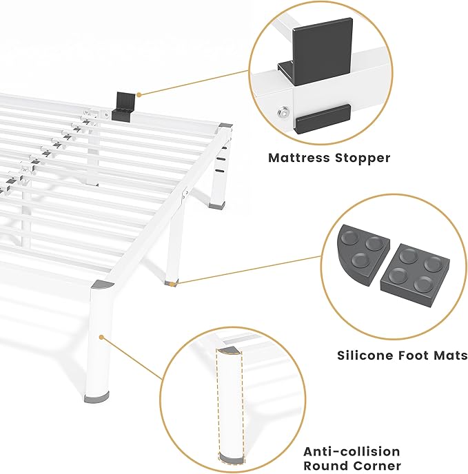 14 Inch Twin Bed Frame, Metal Platform Bed Frame with Round Corner Legs, 3500 lbs Heavy Duty Steel Slats Support, No Box Spring Needed, Noise Free, Easy Assembly, White