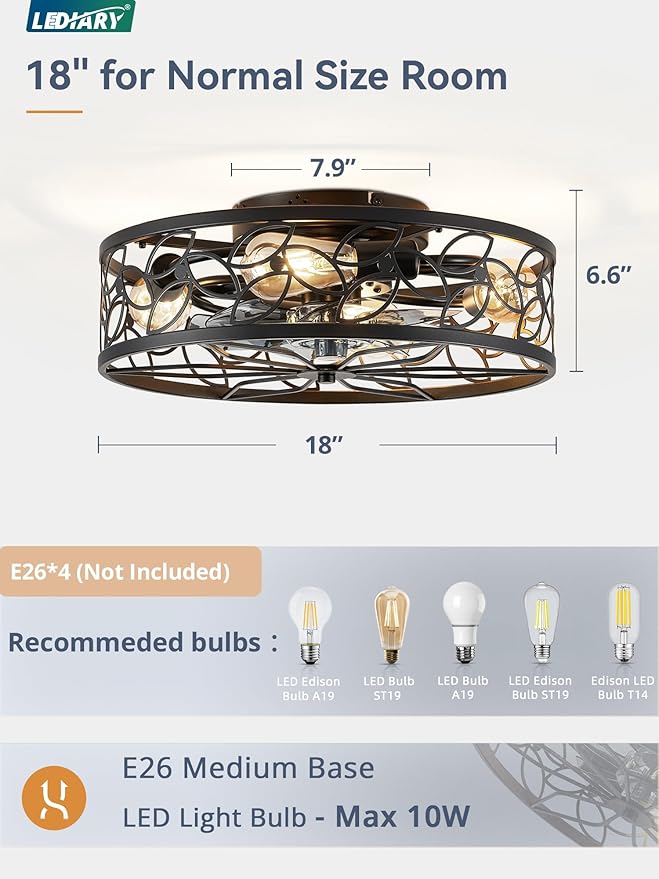 LEDIARY Caged Ceiling Fans with Lights, Black Flush Mount Ceiling Fan with Remote, Small Low Profile Bladeless Ceiling Fan Light Fixture for Bedroom, Kitchen, Dining Room.