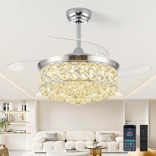 48“ Crystal Fandelier Ceiling Fan with Light, Retractable Ceiling Fans Chandelier Fan with Retractable Blades LED Dimmable Crystal Ceiling Fan Chandelier Fans for Bedroom Living Room-Chrome