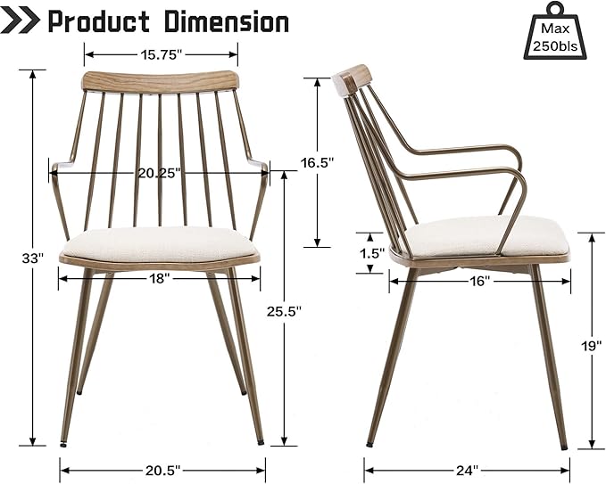 HNY Mid Century Modern Dining Chairs Set of 2, Beige Linen Upholstered Dining Room Chairs with Arms & Metal Legs Farmhouse Spindle Back Kitchen Chairs, Industrial Accent Side Armchairs for Living Room