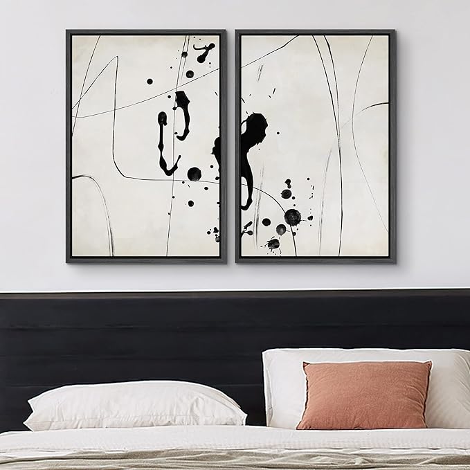 MUDECOR Framed Canvas Print Wall Art Set Grunge Ink Blot Paint Splatter Collage Abstract Shapes Illustrations Modern Art Decorative Bohemian for Living Room, Bedroom, Office - 24"x36"x2 Black