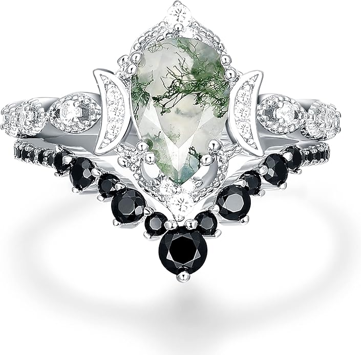 Black Gold Plated Natural Moss Agate Bridal Wedding Ring Sets for Women, 925 Sterling Silver Gothic Vintage Promise Rings and Eternity Black Spinel Band for Her - Boho Art Deco Platinum Plated Engagement Rings Size 4-9