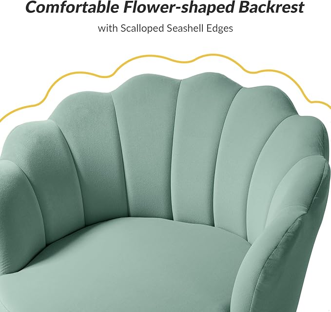 HULALA HOME Modern Velvet Accent Chair with Shell Shaped Back, Cute Living Room Bedroom Armchair with Gold Legs, Comfy Upholstered Vanity Chair for Makeup Room, Sage