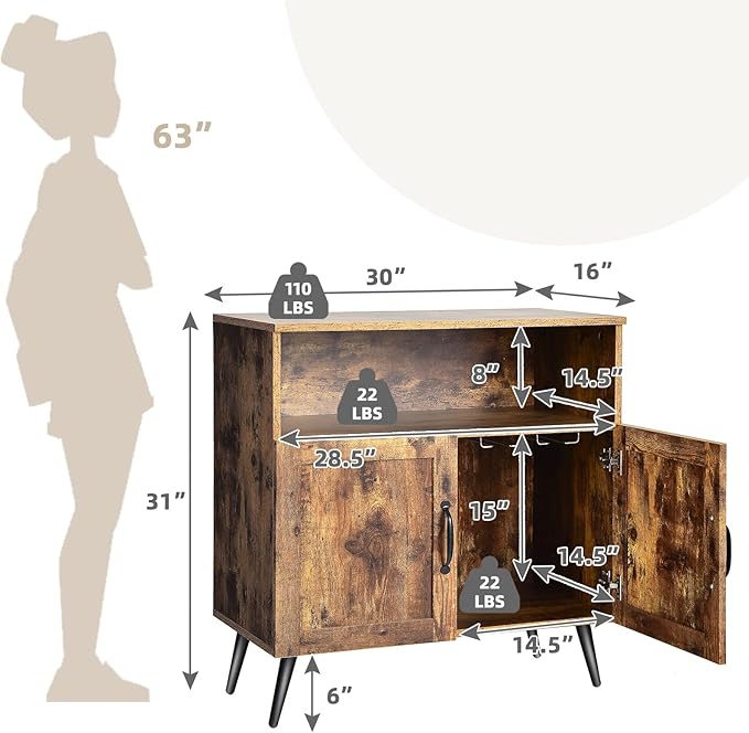 Giantex Mid-Century Storage Cabinet, Wooden Floor Cabinet with 2 Doors, Free-Standing Sideboard with Wine Glass Holders, Accent Side Cabinet for Living Room, Dining Room, Kitchen, Rustic Brown