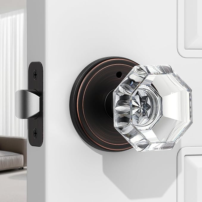 1 Pack Crystal Door Knob, Octagon Shaped Glass Door Knobs Interior with Lock, Oil Rubbed Bronze Door Knobs Interior Glass