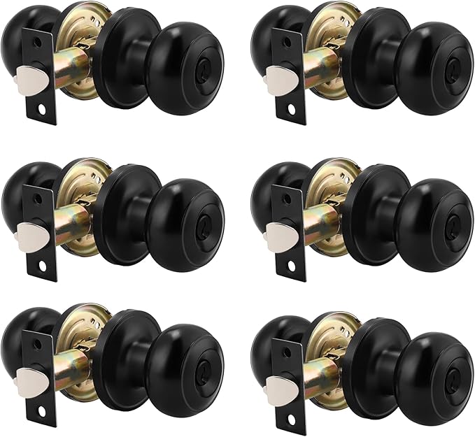 Probrico (6 Pack) Black Round Entry Door Knobs Keyed Alike, Exterior/Interior Door Handles Bedroom Bathroom/Front/Offic Doors, Door Lock with Locks and 3 Combo Keys Lock Security