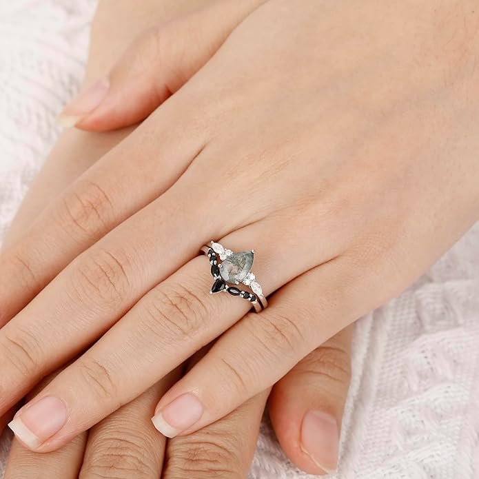 Black Gold Plated Natural Moss Agate Bridal Wedding Ring Sets for Women, 925 Sterling Silver Gothic Vintage Promise Rings and Eternity Black Spinel Band for Her - Boho Art Deco Platinum Plated Engagement Rings Size 4-9