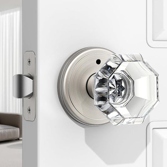 1 Pack Crystal Door Knob, Octagon Shaped Glass Door Knobs Interior with Lock, Satin Nickel Door Knobs Interior Glass