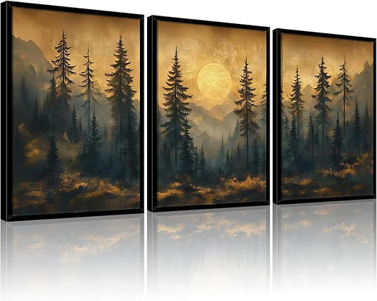 Framed 3pcs Vintage Pine Forest Wall Art Nature Landscape Full Moon Canvas Prints Woodland Picture Poster Misty Forest Paintings Wall decor for Living Room Bedroom Office Ready to Hang16x24 Inch