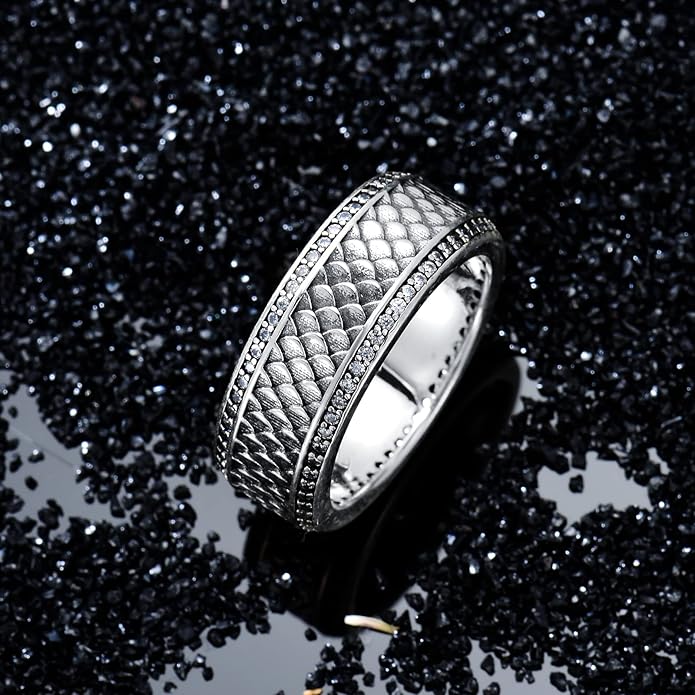 Dragon Scales Band Ring for Men Sterling Silver Vintage Gothic Punk Ring Jewelry