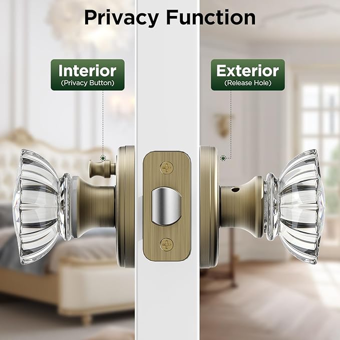1 Pack Crystal Door Knob, Rosette Shaped Glass Door Knobs Interior with Lock, Antique Brass Door Knobs Interior Glass