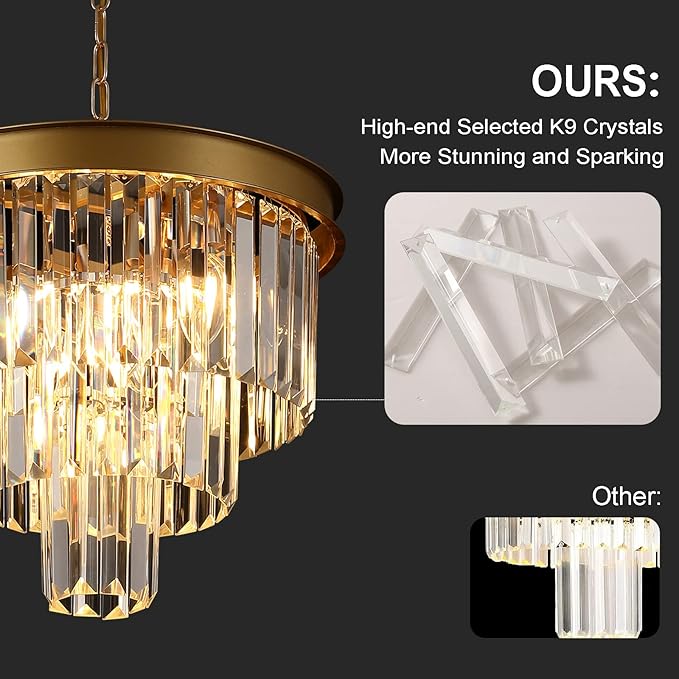 AXILIXI Gold Crystal Chandeliers 16” Modern Ceiling Pendant Light Fixture for Dining Room Dimmable Small Flush Mount Chandeliers Round for Foyer Kitchen Island Entryway