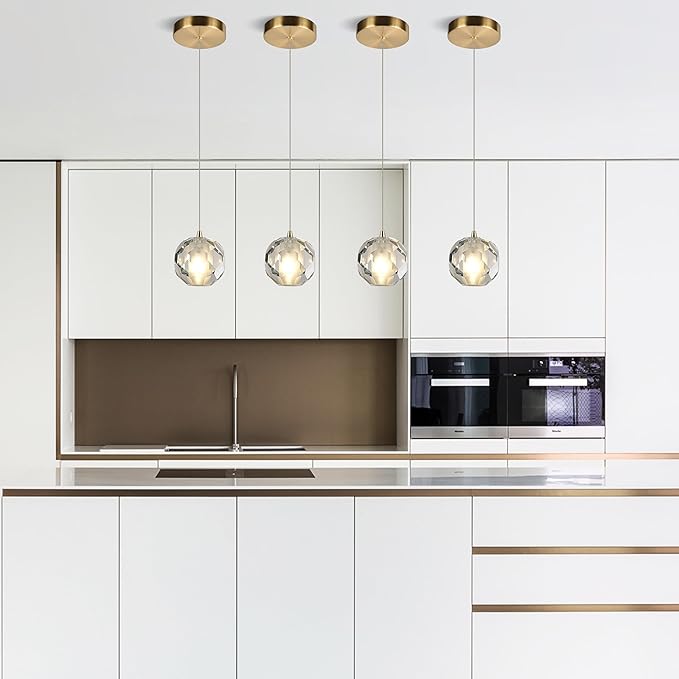 1-Light Brass Pendant Light Kitchen Island, Multi-facted Small Crystal Pendant Light Fixture, Adjustable Hanging Pendant Lighting for Dining Room Bathroom Vanity