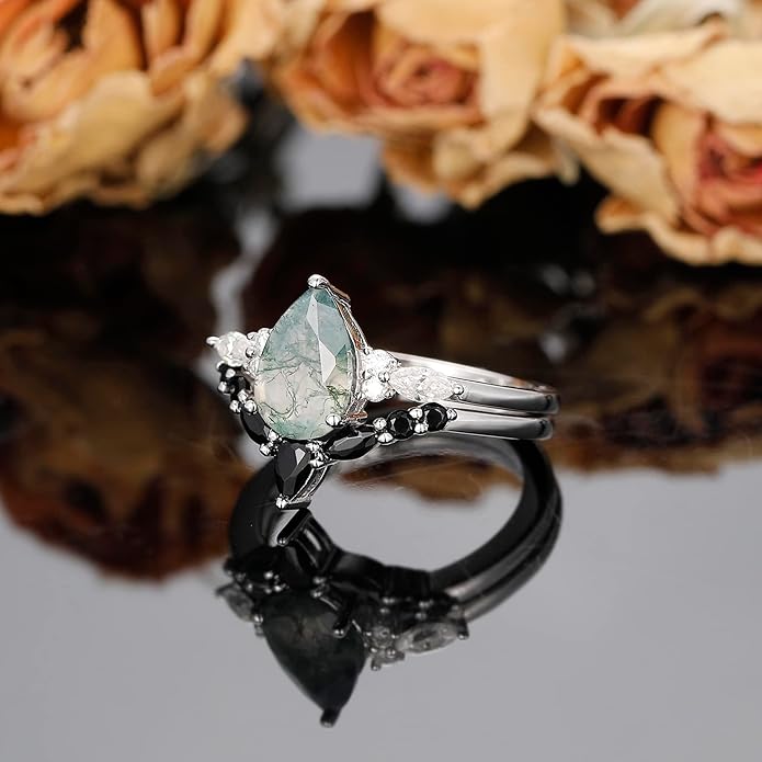 Black Gold Plated Natural Moss Agate Bridal Wedding Ring Sets for Women, 925 Sterling Silver Gothic Vintage Promise Rings and Eternity Black Spinel Band for Her - Boho Art Deco Platinum Plated Engagement Rings Size 4-9