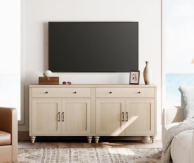 WAMPAT Farmhouse TV Stand for 75 inch TV with 4 Doors and 2 Drawers, Wood Universal TV Stand with Storage Cabinets, Light Oak Entertainment Center TV Console Table for Living Room, Bedroom