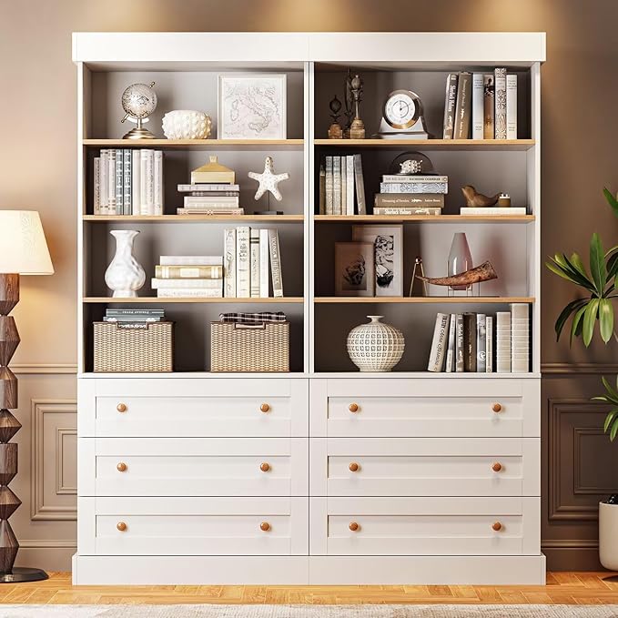 Vyre 71" Tall Farmhouse Bookshelves with Drawers, Set of 2 – Large Modular Bookcase with Adjustable Shelves, Storage Cabinet for Living Room, Kitchen, Home Office, White