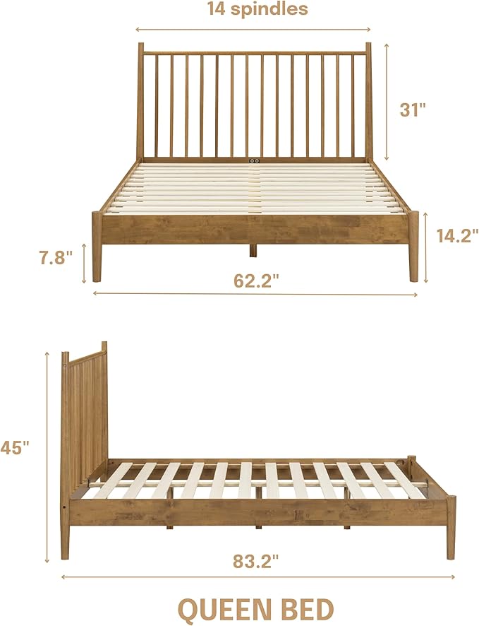 NTC Inno Wooden Bed Frame with Headboard, Solid Oak and Rubber Wood Foundation with Silent Slats and Wood Central Supports, 1000 Lb Capacity, Effortless Assembly, Queen - Teak Look