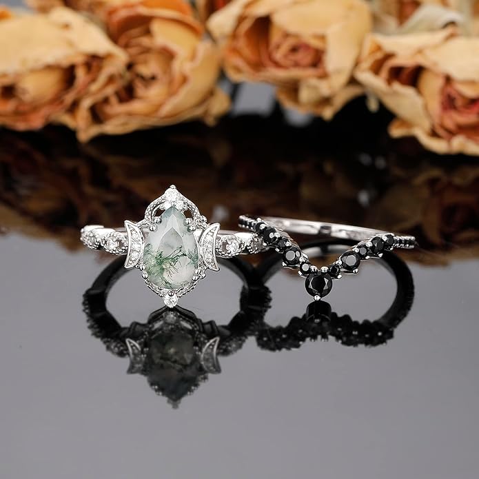 Black Gold Plated Natural Moss Agate Bridal Wedding Ring Sets for Women, 925 Sterling Silver Gothic Vintage Promise Rings and Eternity Black Spinel Band for Her - Boho Art Deco Platinum Plated Engagement Rings Size 4-9