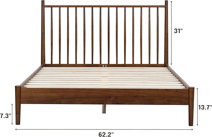 NTC Inno Wooden Bed Frame with Headboard, Solid Oak and Rubber Wood Foundation with Silent Slats and Wood Central Supports, 1000 Lb Capacity, Effortless Assembly, Queen - Dark Walnut