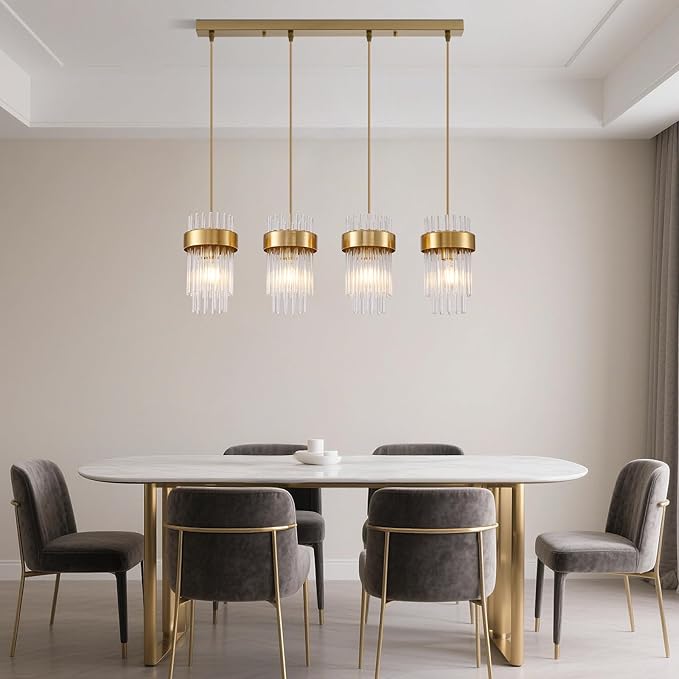Dijiahua 4-Light Gold Pendant Lights Kitchen Island Over Table, Modern Crystal Brushed Brass Linear Chandeliers,Adjustable Cord Hanging Counter Lamp Fixture for Dinning Room,Sink