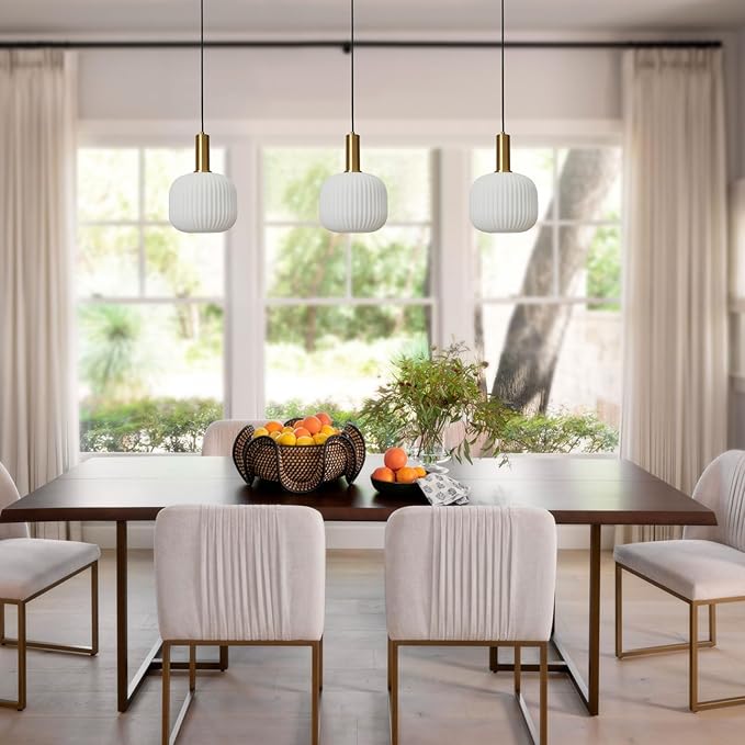 Glass Plug in Pendant Light White Gold Plug in Chandelier Mid Century Modern Hanging Light with Plug in Cord Vintage Hanging Lamps for Bedrooms Living Room Kitchen Island