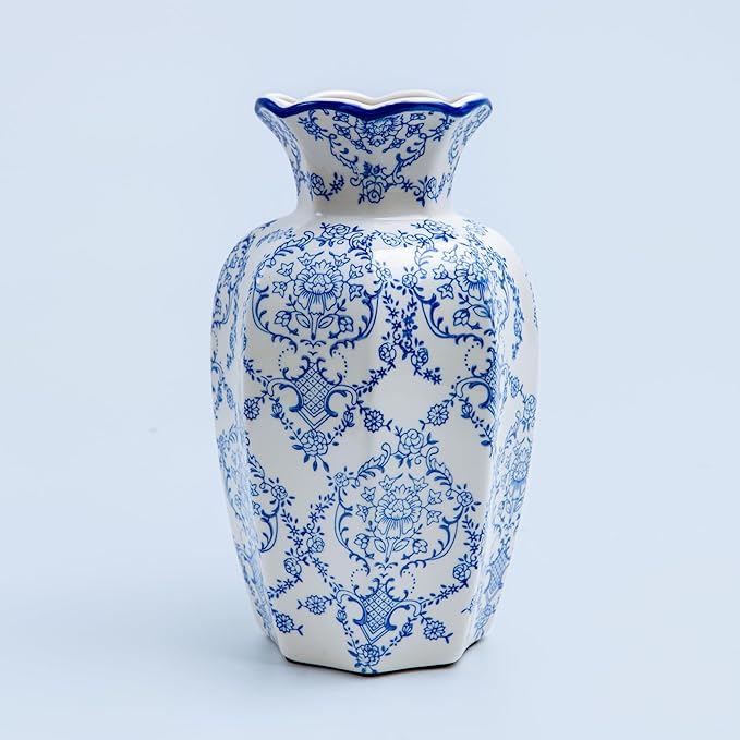 Chinoiserie vase, Blue and White Geometric Pattern Porcelain vase with Wavy Rim, Console Table Centerpiece, Floor Decor, entryway (Large, Mantangchun)