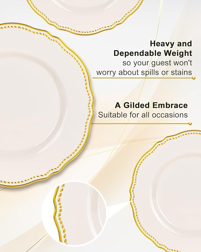 Hioasis 60PCS Ivory Plastic Plates - Ivory and Gold Disposable Dinnerware with Gold Rim, Heavy-duty, 7 inch, Dessert Plates for Party & Wedding
