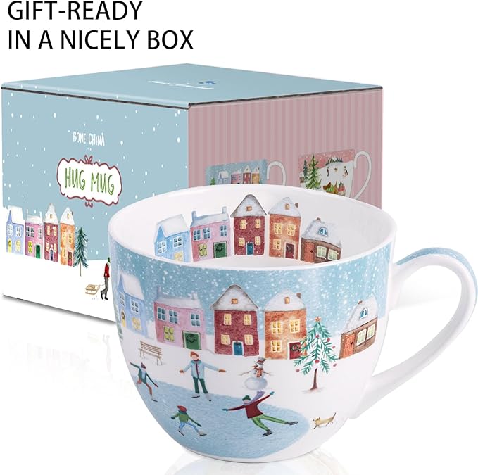 Christmas Skating Mug - 20 oz Bone China Winter Coffee Mugs with Snowy Village, Perfect Holiday and Christmas Gifts for Friends and Family - Designed in England by Harvest Green Studio