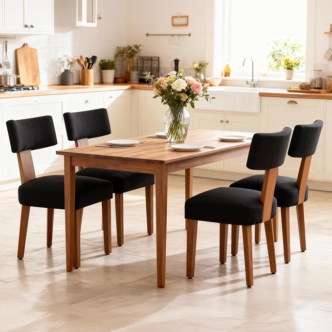FOXHUNTER Upholstered Dining Chairs Set of 4, Modern Wooden Armless Kitchen Chairs with Curved Backrest, Mid-Century Farmhouse Dining Side Chairs, Linen Black