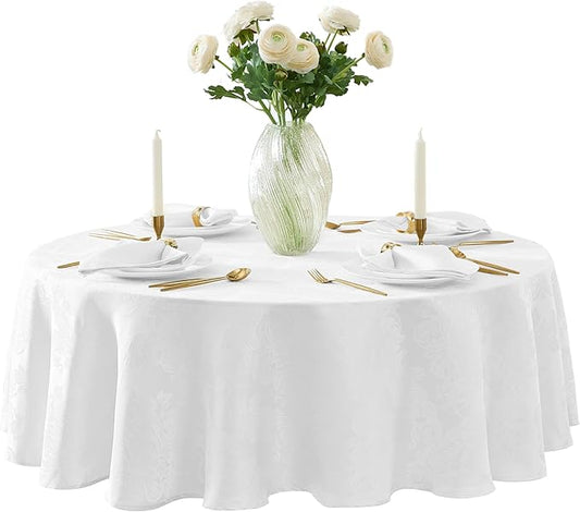 Newbridge Barcelona Luxury Damask Fabric Tablecloth, 70” Round, White, 100% Polyester, No Iron, Soil Resistant Dining Room, Party and Banquet Table Cover