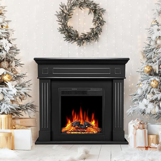 43 Inch Fireplace TV Stand with Mantel - Electric Fireplace Heater, Wooden Entertainment Center, Adjustable LED Flame, Freestanding (750W/1500W),Black
