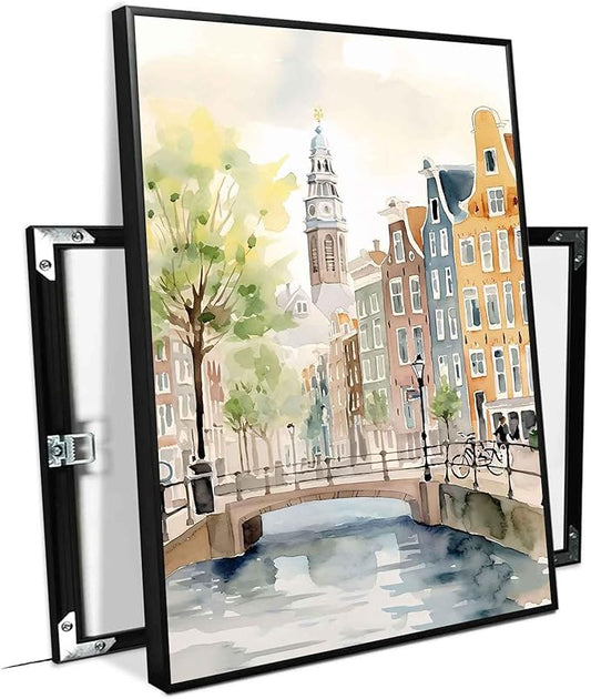 Pastel Canal Cityscape Canvas Art - Riverside Watercolor Architecture Print with Clock Tower & Bicycle Path - European-Style Townscape Wall Decor for Living Room Serenity