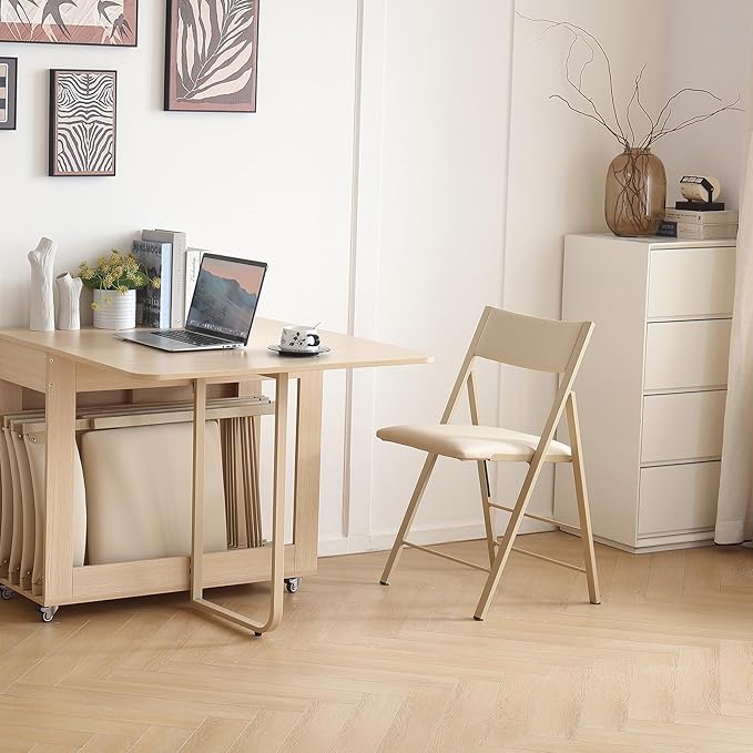 Folding Chairs with Cushion 2 Pack - Heavy Duty Steel Frame Foldable Dining Chairs, Waterproof Leather Indoor Outdoor Comfortable Folding Chairs for Home, Conference Rooms, Weddings, Events (Wood)